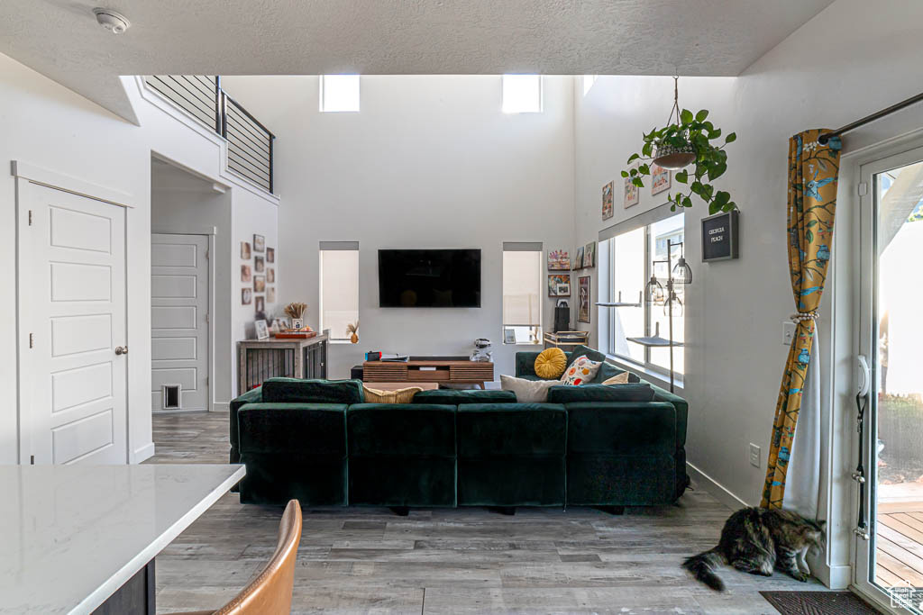Living room featuring light wood-style flooring and a towering ceiling