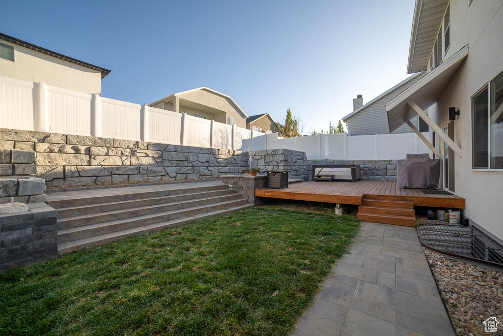 Fenced backyard featuring a wooden deck