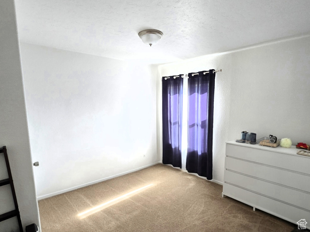 Bedroom featuring carpet flooring and a textured ceiling