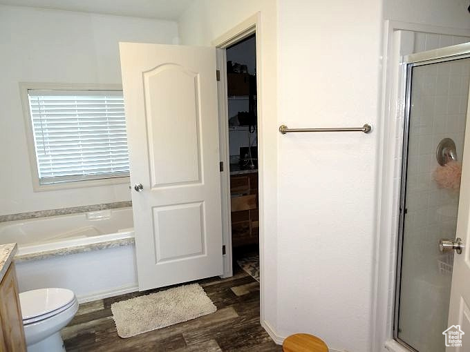 Bathroom with a stall shower, wood finished floors, vanity, and a garden tub