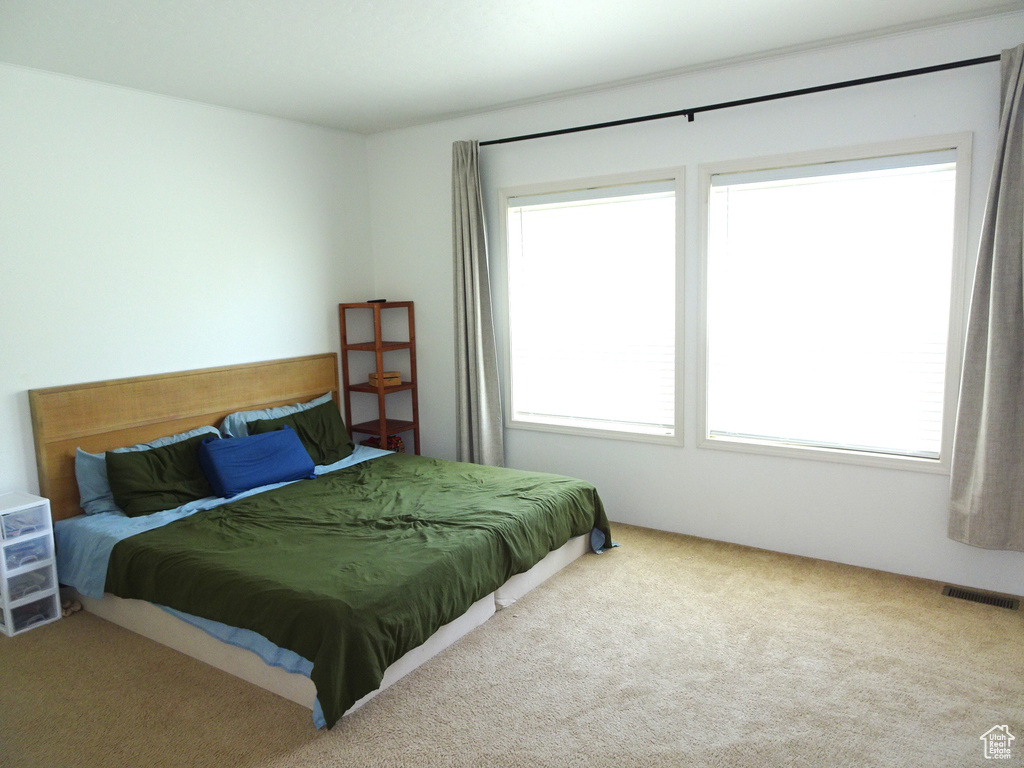 Bedroom with multiple windows and carpet flooring
