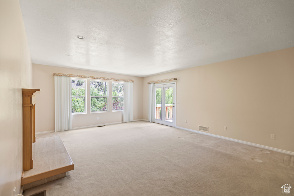 Unfurnished living room featuring light colored carpet and a textured ceiling