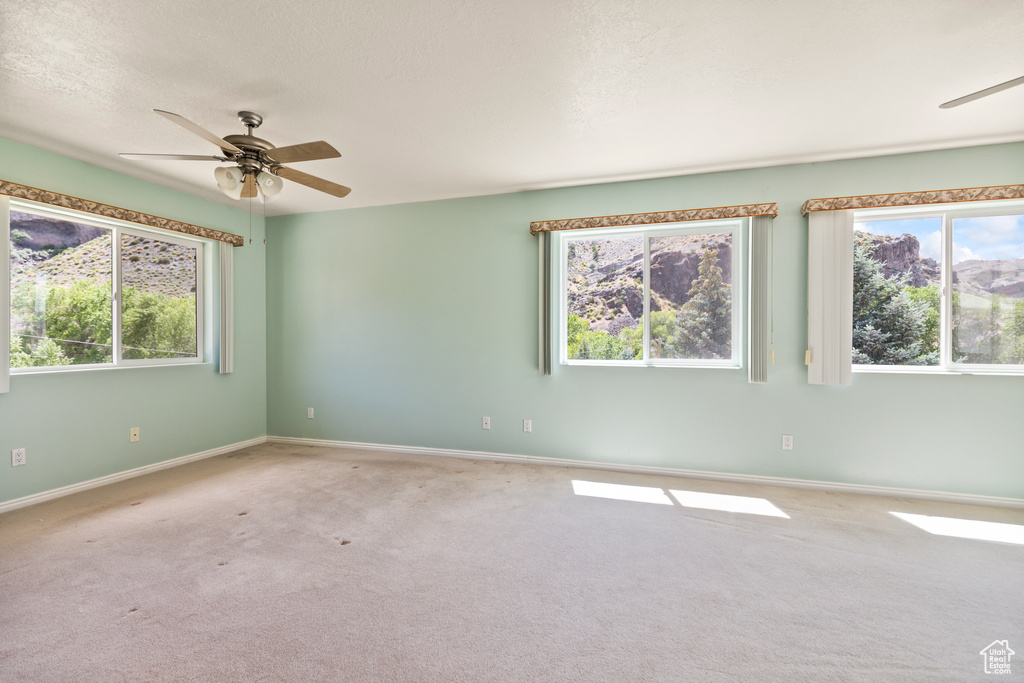 Carpeted spare room with ceiling fan and plenty of natural light