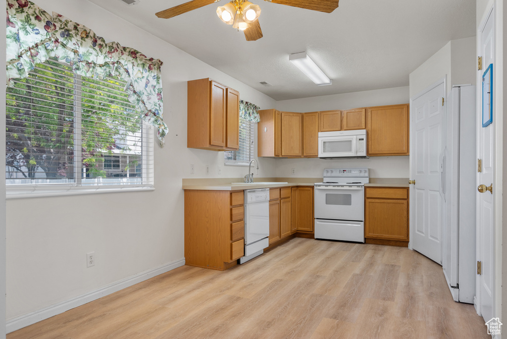 Kitchen with white appliances, light wood-type flooring, ceiling fan, and light countertops