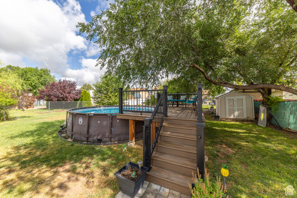 Wooden deck with a shed
