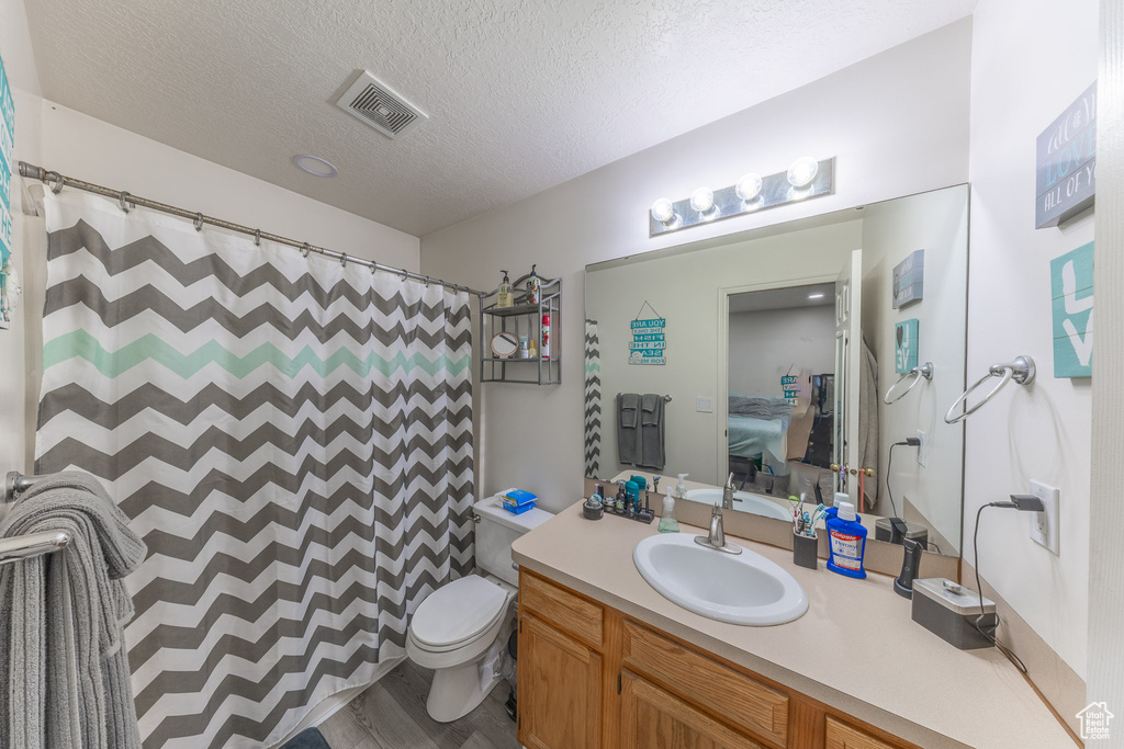 Bathroom featuring vanity, a textured ceiling, and curtained shower