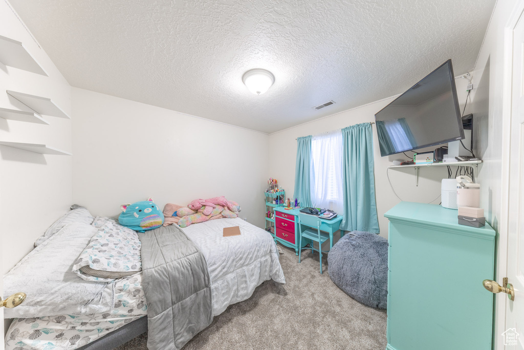 Bedroom featuring carpet and a textured ceiling