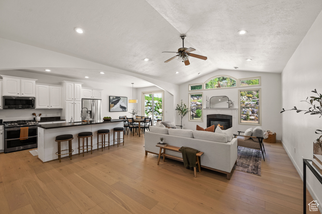 Living room featuring vaulted ceiling, light wood-style flooring, a ceiling fan, arched walkways, and a glass covered fireplace