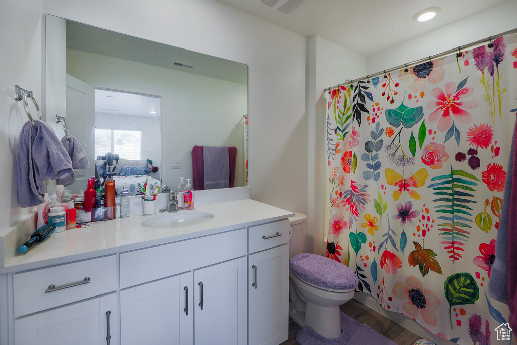 Bathroom featuring vanity, a shower with curtain, and wood finished floors