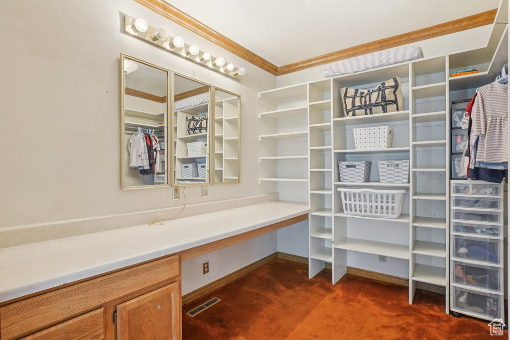 Spacious closet with dark colored carpet and built in desk