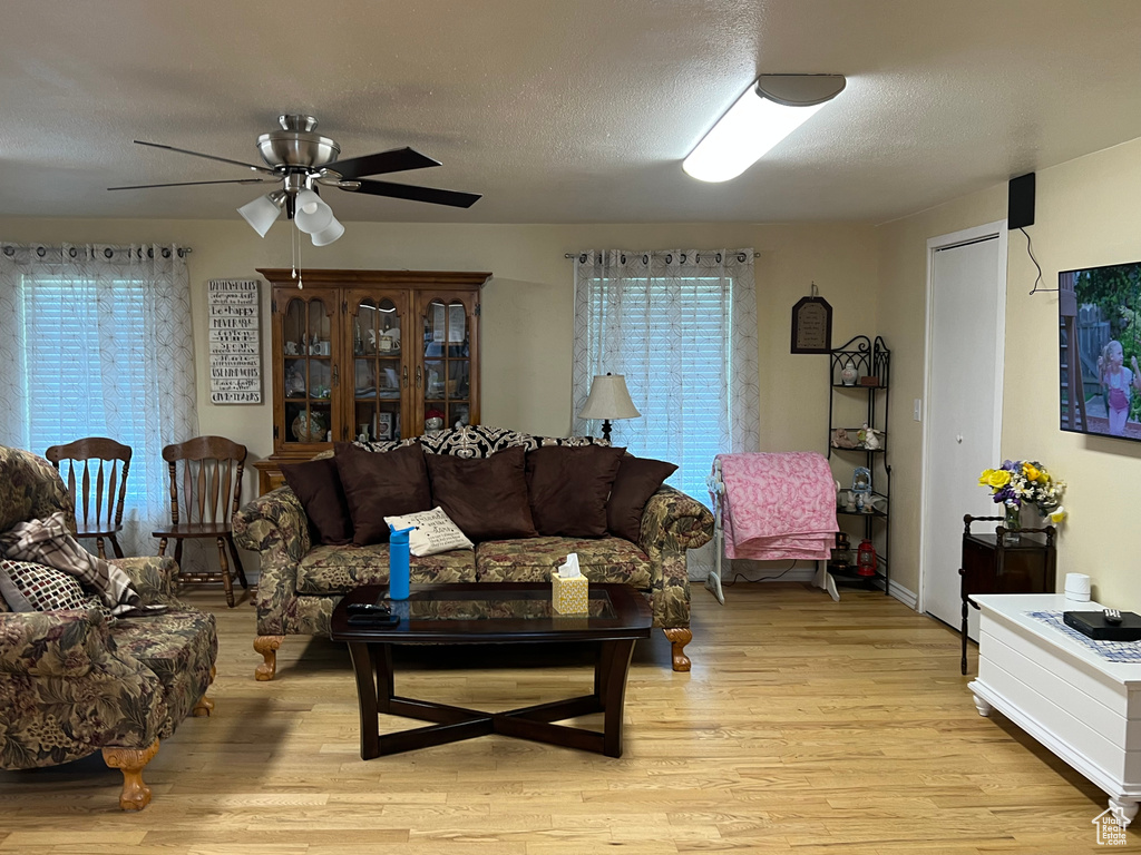 Living room featuring light wood-style floors, plenty of natural light, a ceiling fan, and a textured ceiling