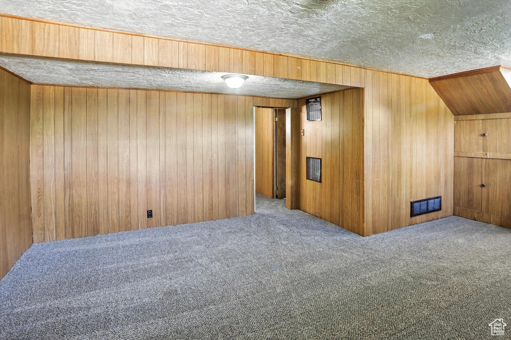 Finished basement with carpet floors, a textured ceiling, and wooden walls
