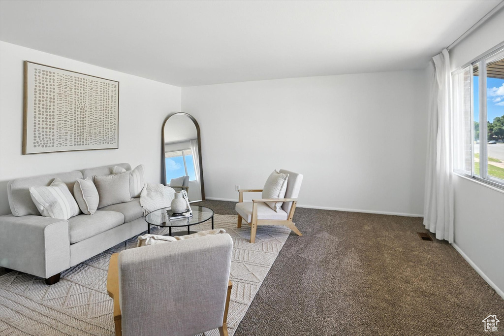 Carpeted living area featuring plenty of natural light