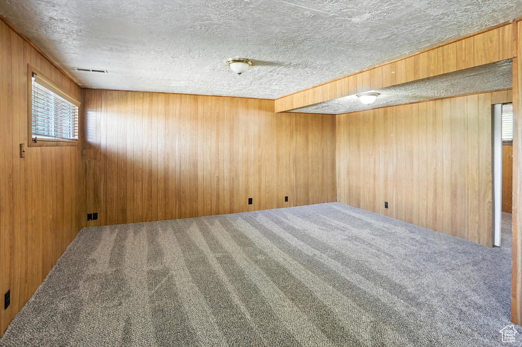 Basement with carpet, a textured ceiling, and wooden walls