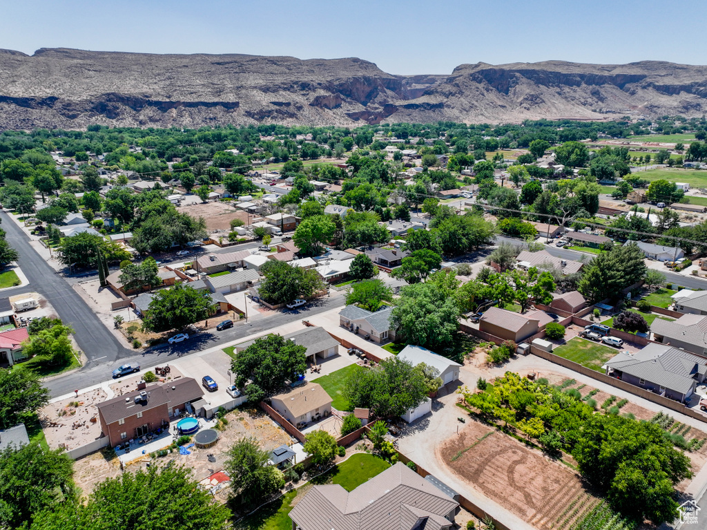 Aerial view of residential area with mountains