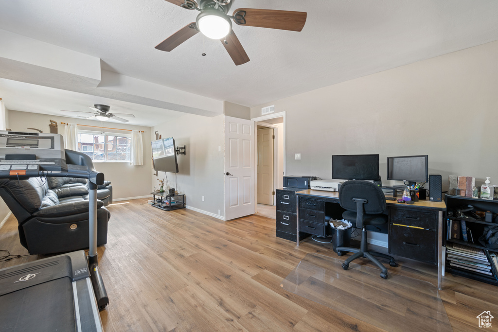 Office featuring ceiling fan and light wood-type flooring