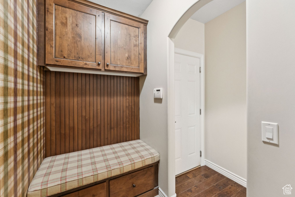 Mudroom with dark wood-type flooring and arched walkways