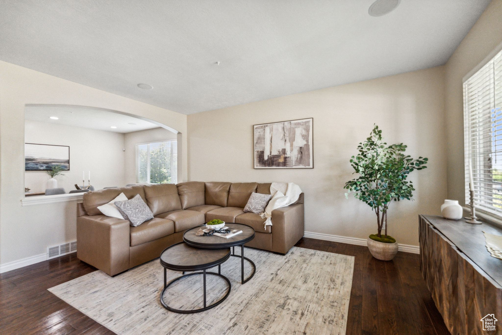 Living area with arched walkways, hardwood / wood-style flooring, healthy amount of natural light, and recessed lighting