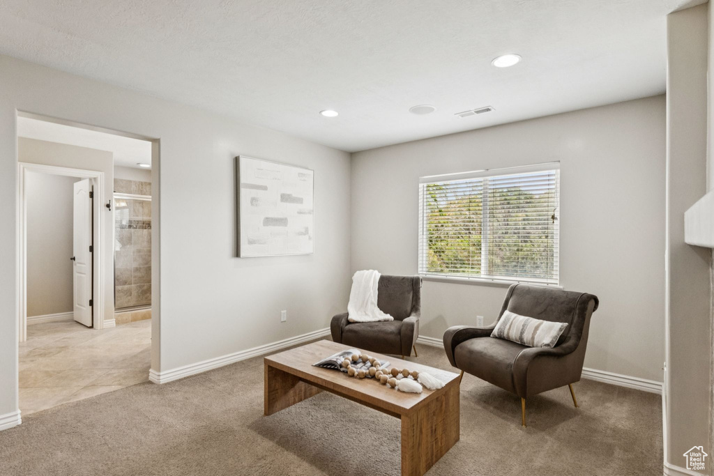 Living area with light colored carpet and recessed lighting
