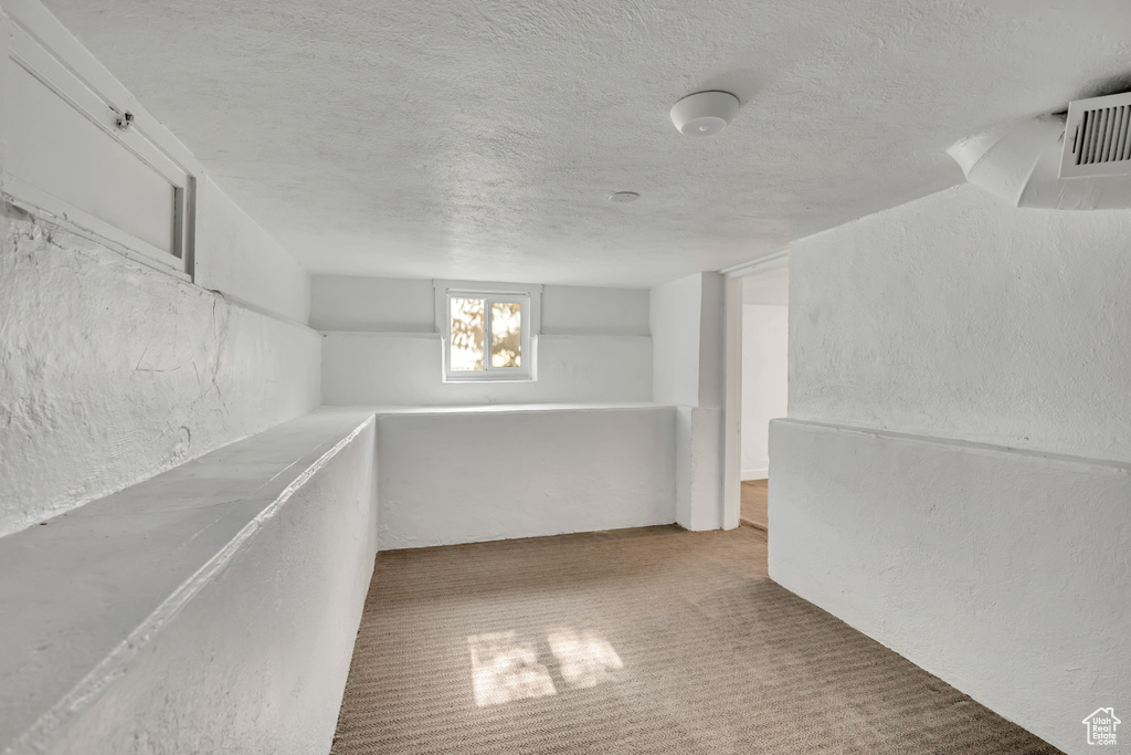 Below grade area with a textured ceiling, a textured wall, and carpet flooring