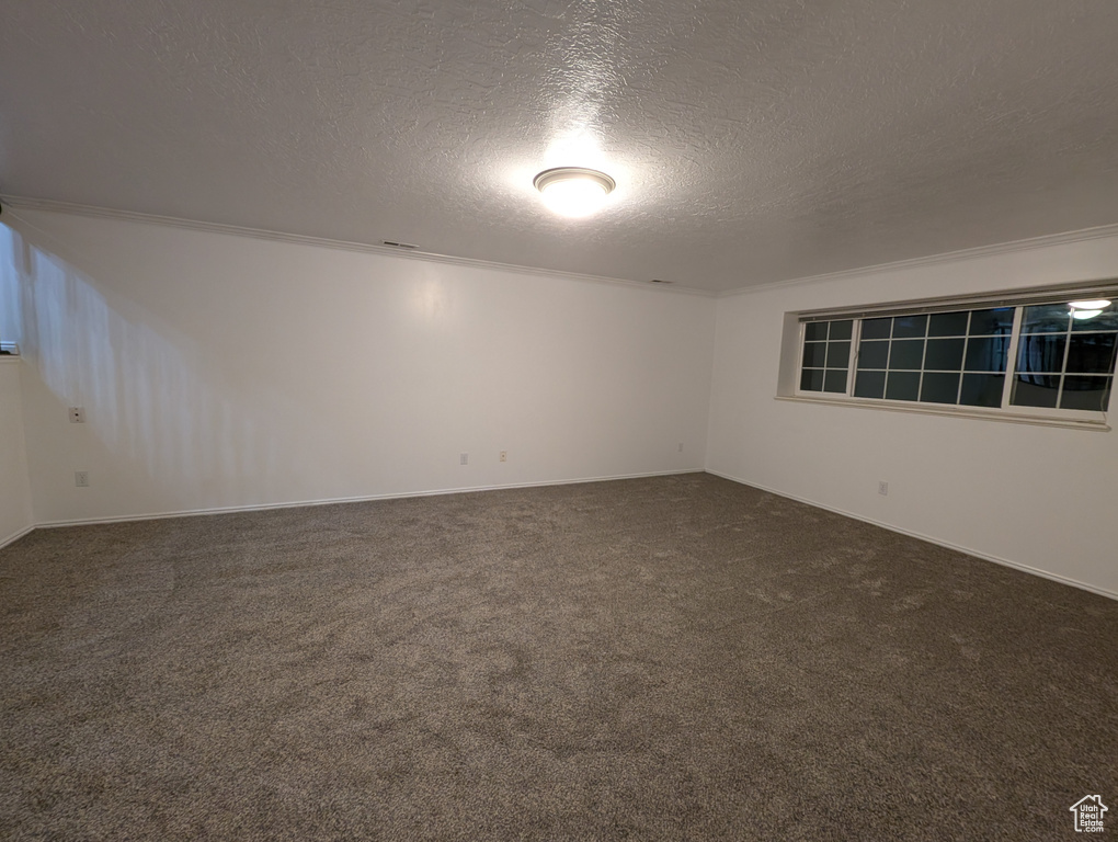 Spare room with a textured ceiling and dark carpet