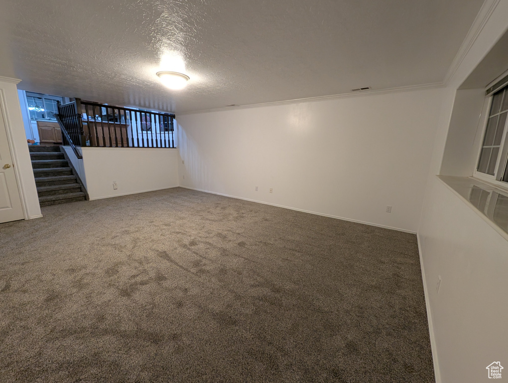 Spare room featuring carpet flooring, stairway, and a textured ceiling