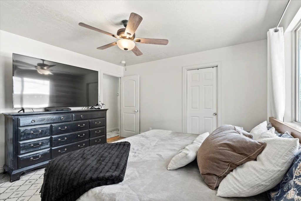 Bedroom with ceiling fan and multiple windows