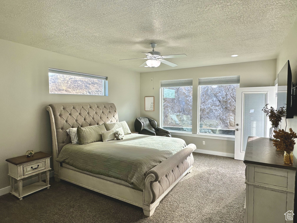 Carpeted bedroom featuring multiple windows, a textured ceiling, and ceiling fan