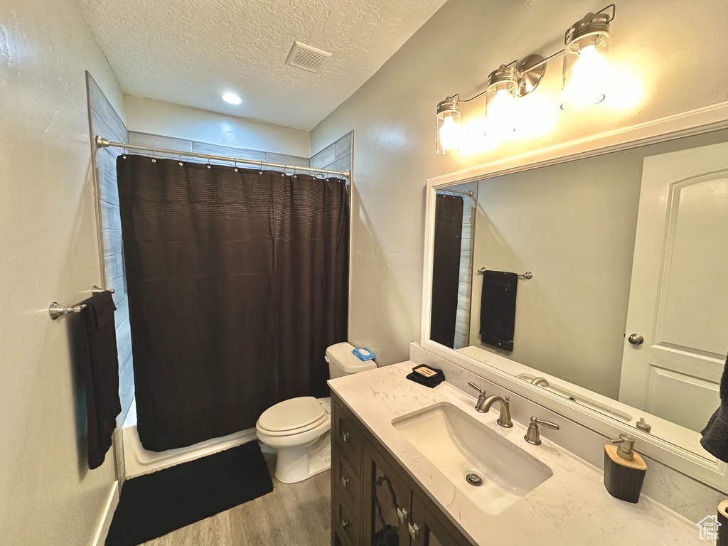 Bathroom with wood finished floors, vanity, and a textured ceiling