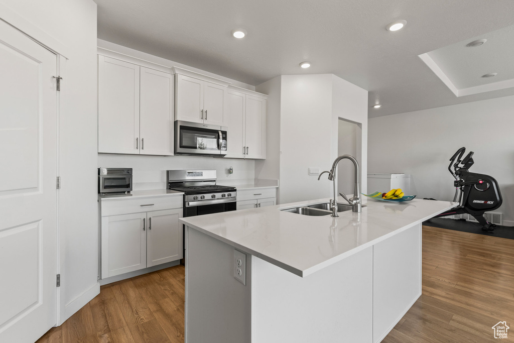 Kitchen with appliances with stainless steel finishes, wood finished floors, a kitchen island with sink, recessed lighting, and white cabinetry