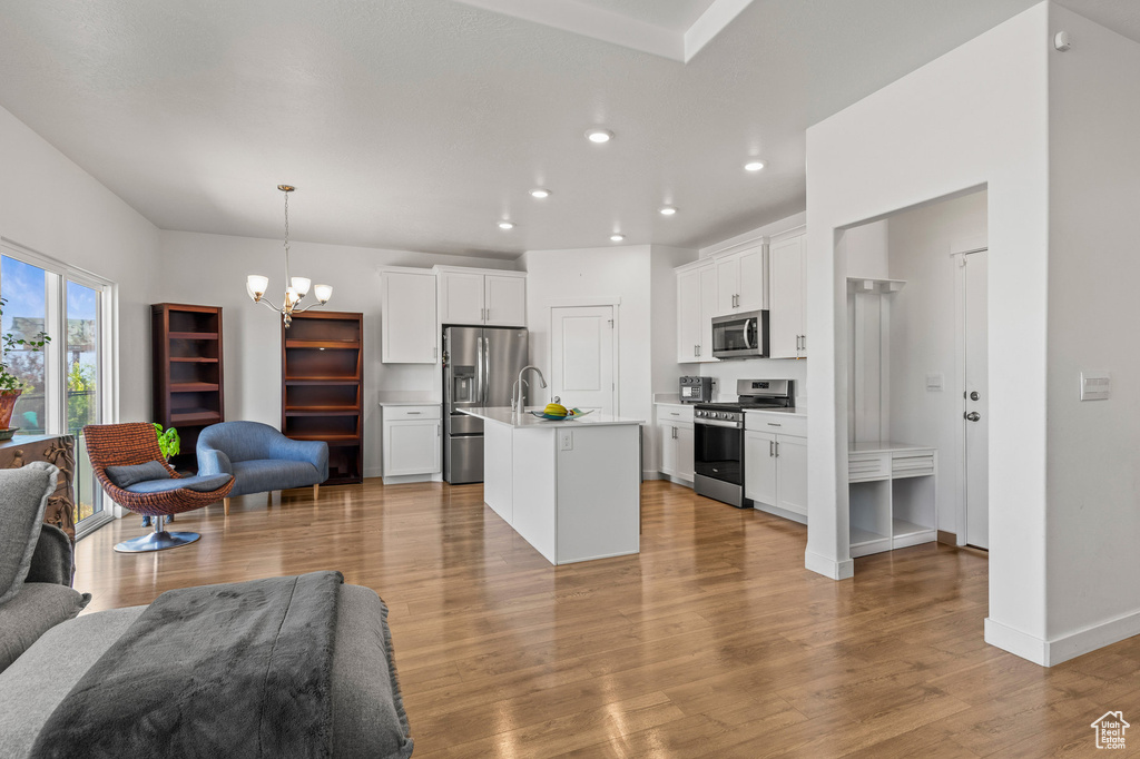 Kitchen with appliances with stainless steel finishes, open floor plan, a chandelier, light wood-style flooring, and recessed lighting