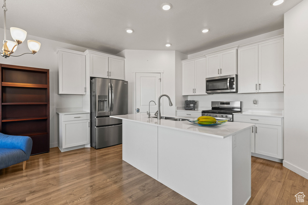Kitchen with stainless steel appliances, light countertops, light wood-type flooring, a chandelier, and a center island with sink
