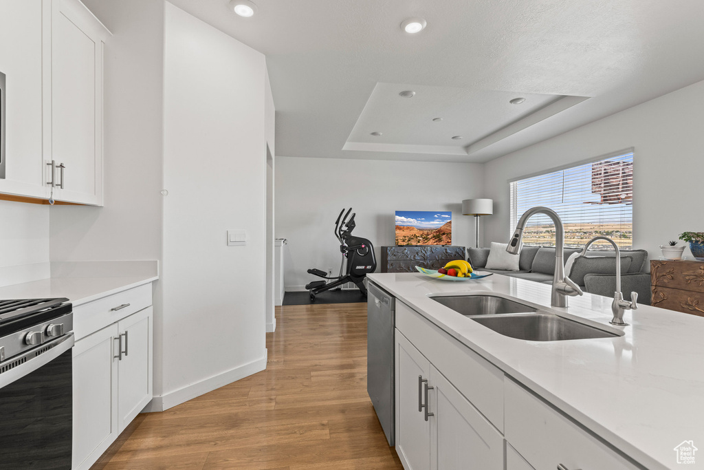 Kitchen featuring appliances with stainless steel finishes, light wood finished floors, light countertops, white cabinets, and a tray ceiling