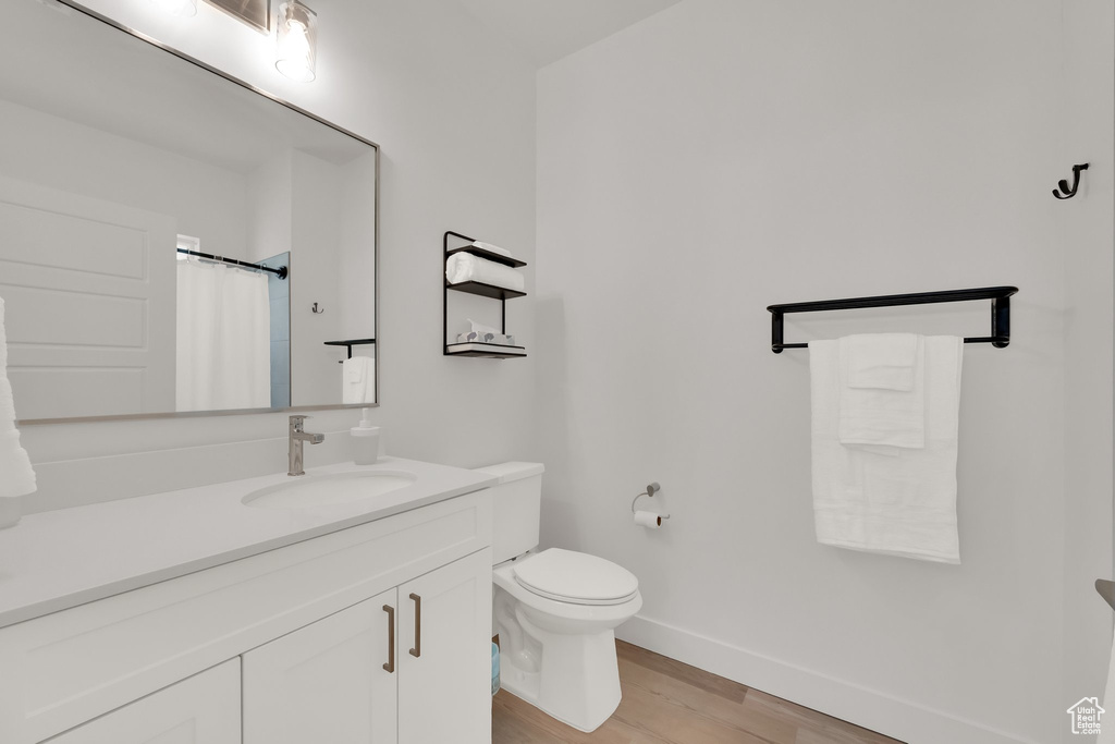 Bathroom featuring wood finished floors, vanity, and curtained shower