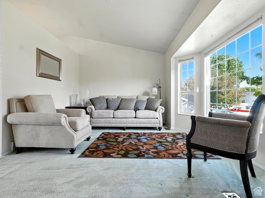 Living room with carpet floors and lofted ceiling