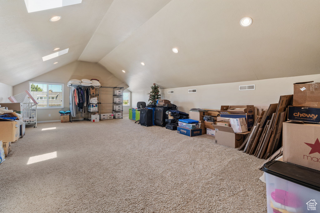 Bonus room featuring lofted ceiling, carpet floors, and recessed lighting