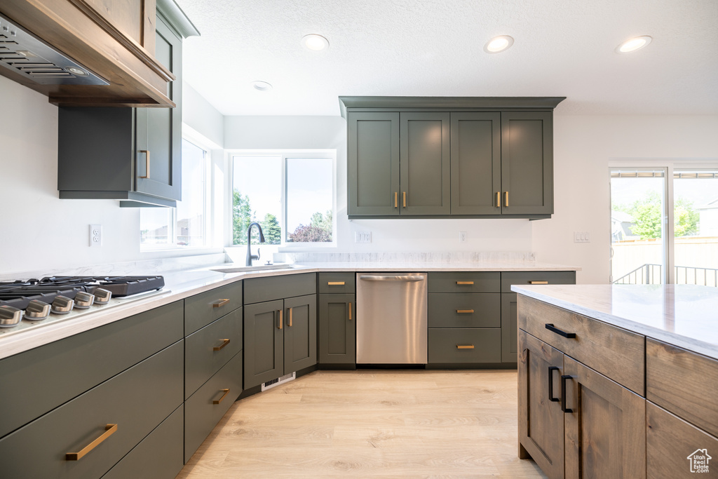 Kitchen with stainless steel appliances, ventilation hood, light countertops, light wood-style floors, and healthy amount of natural light