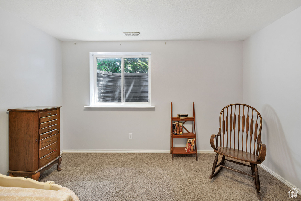 Living area featuring carpet flooring and baseboards