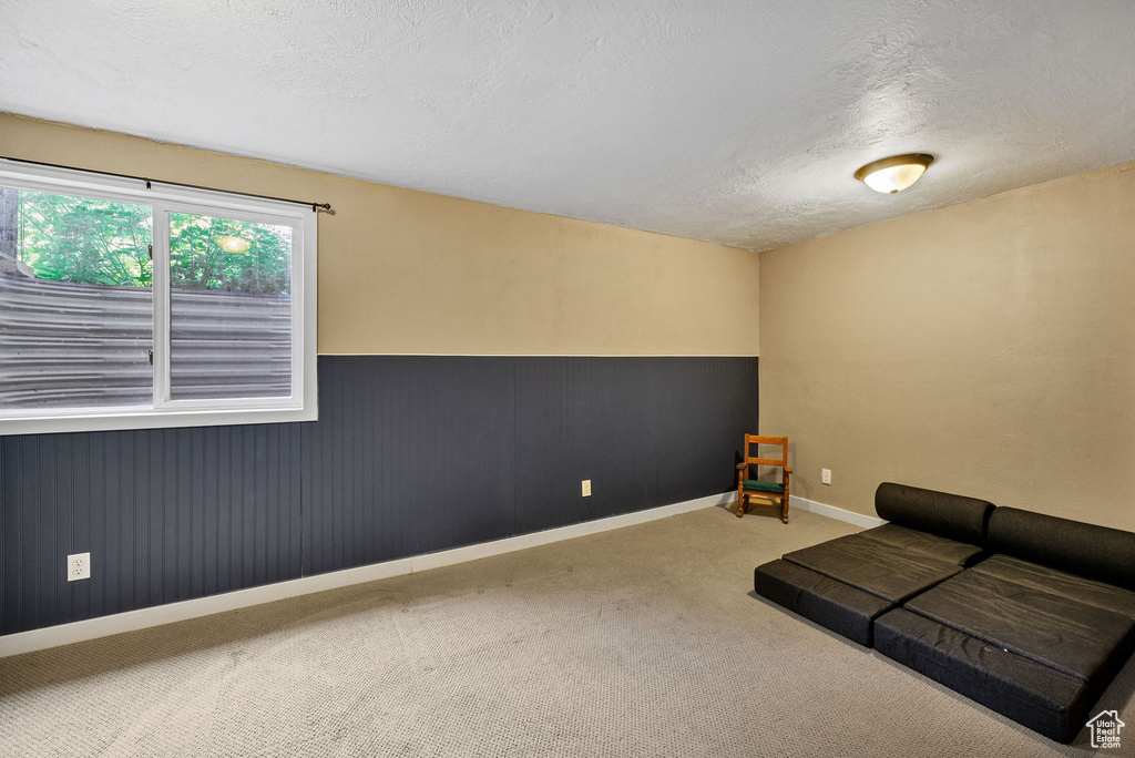 Living area with carpet floors, a textured ceiling, and a wainscoted wall