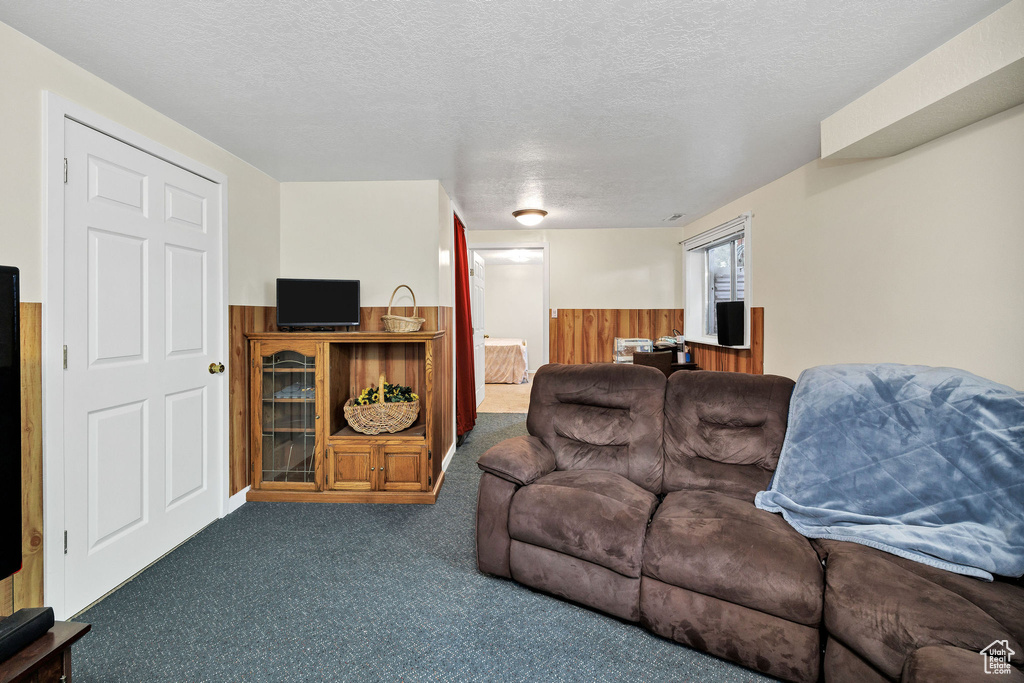 Carpeted living area with a wainscoted wall, a textured ceiling, and wood walls