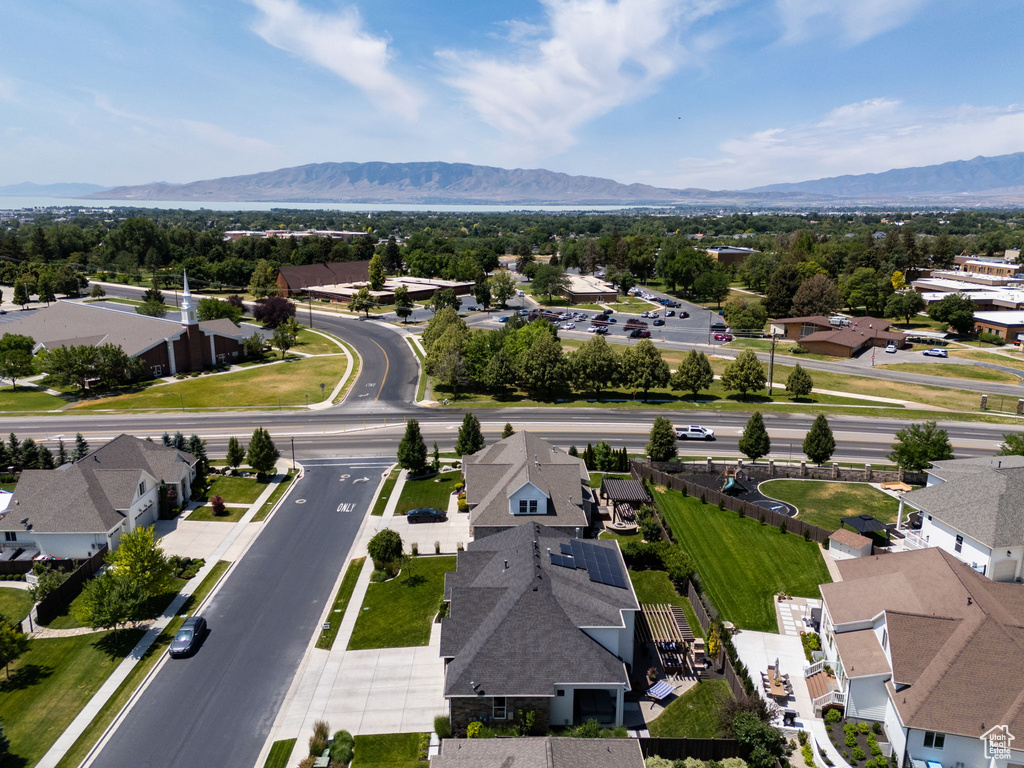 Aerial perspective of suburban area featuring mountains