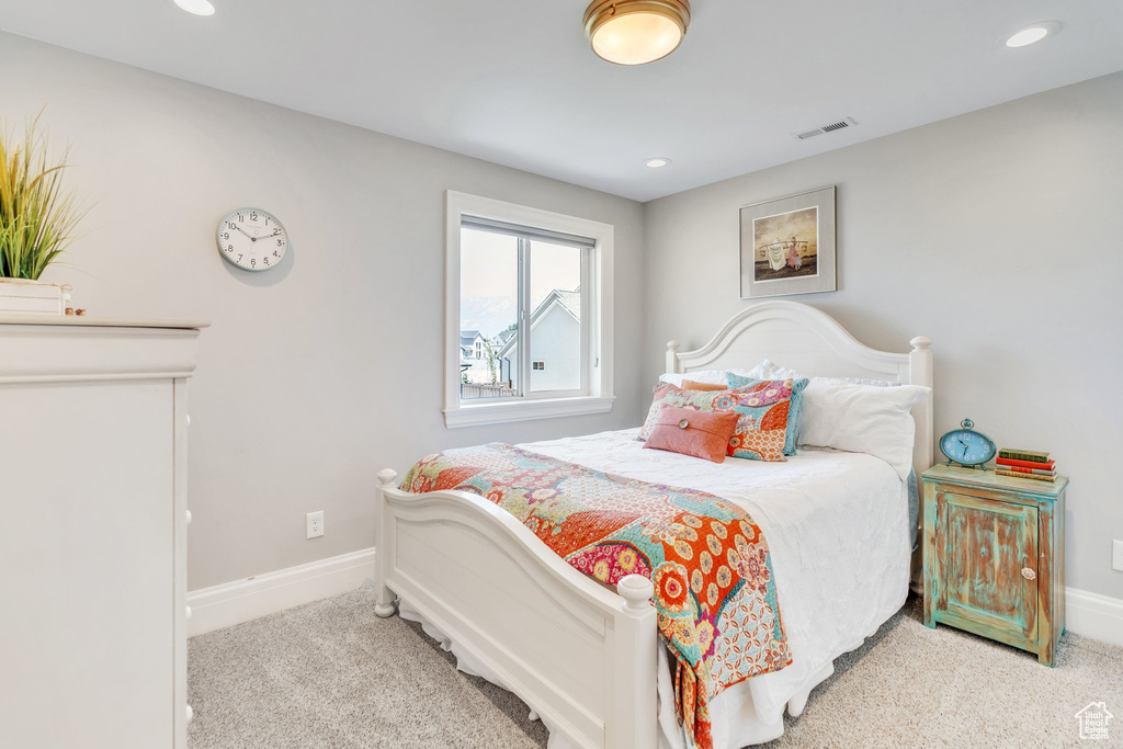 Carpeted bedroom featuring recessed lighting