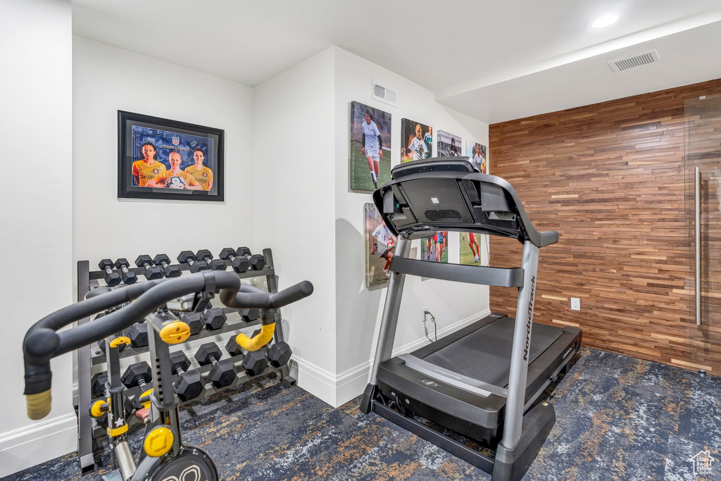 Exercise area with carpet flooring and wooden walls