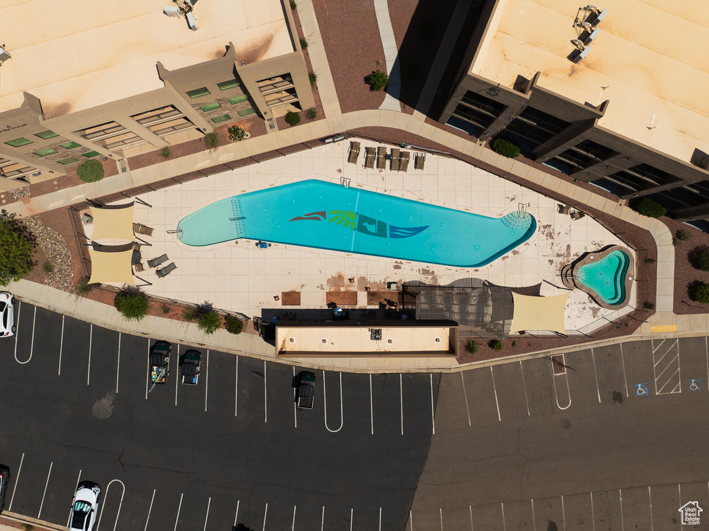 Drone / aerial view of a pool area