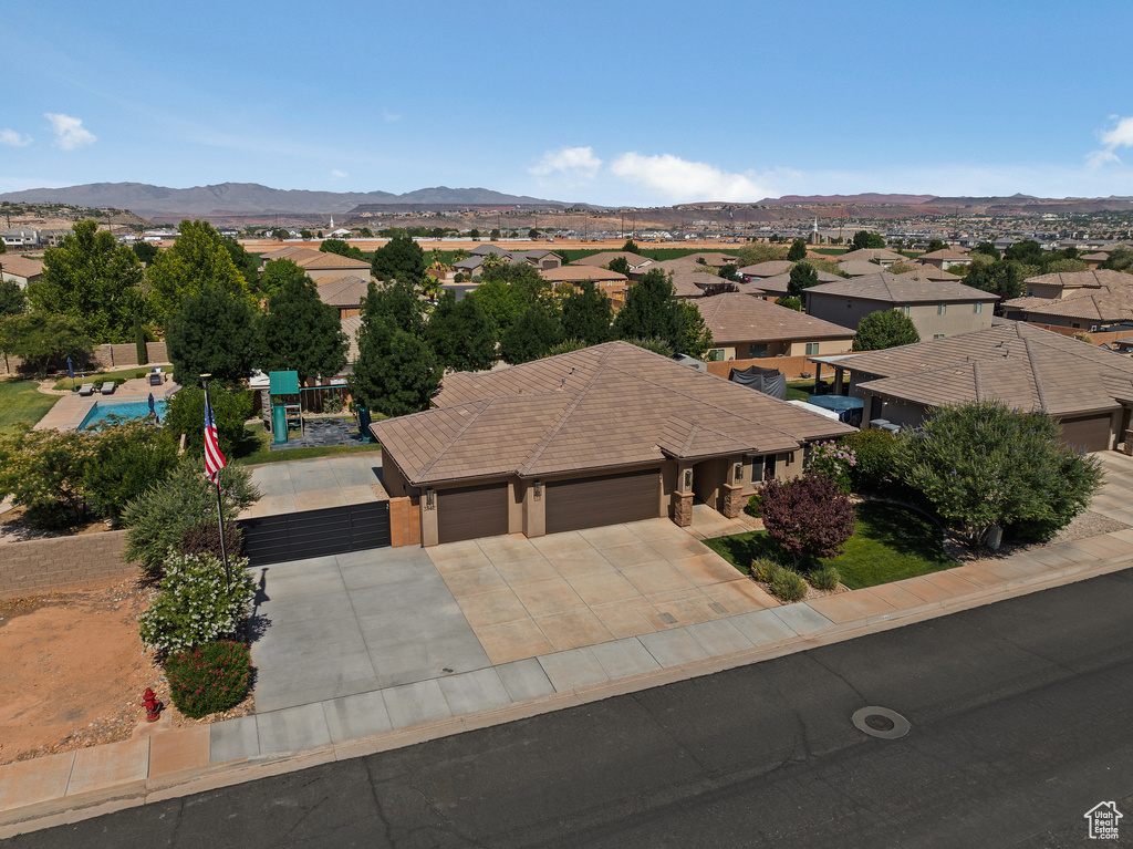 Aerial perspective of suburban area featuring mountains