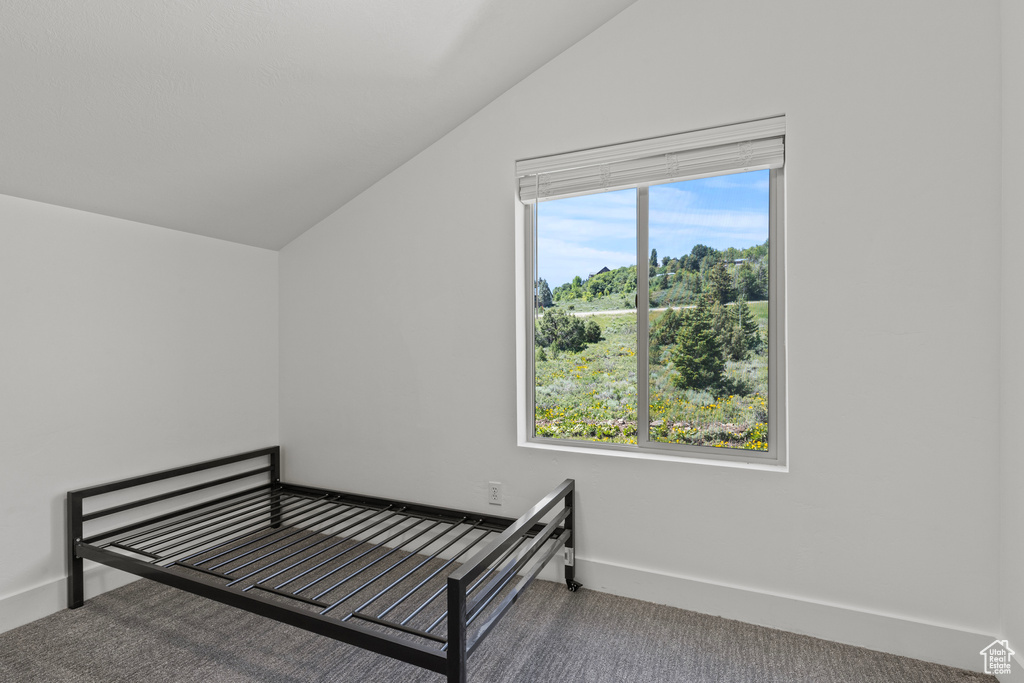 Unfurnished bedroom featuring lofted ceiling and carpet