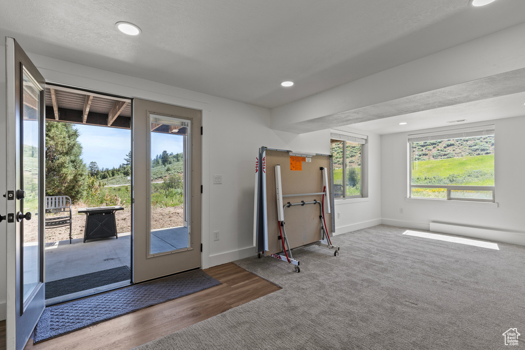 Entryway with recessed lighting and wood finished floors
