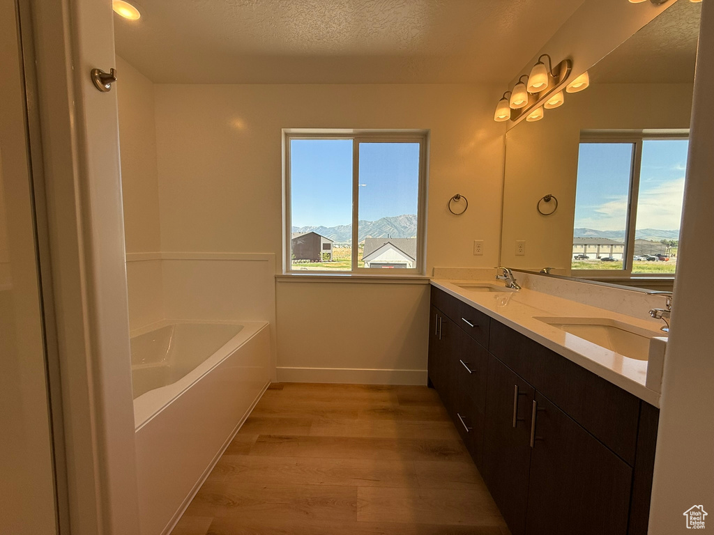 Bathroom with wood finished floors, double vanity, healthy amount of natural light, a bath, and a textured ceiling