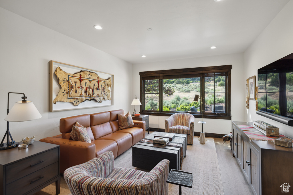 Living area featuring recessed lighting and light wood-style floors