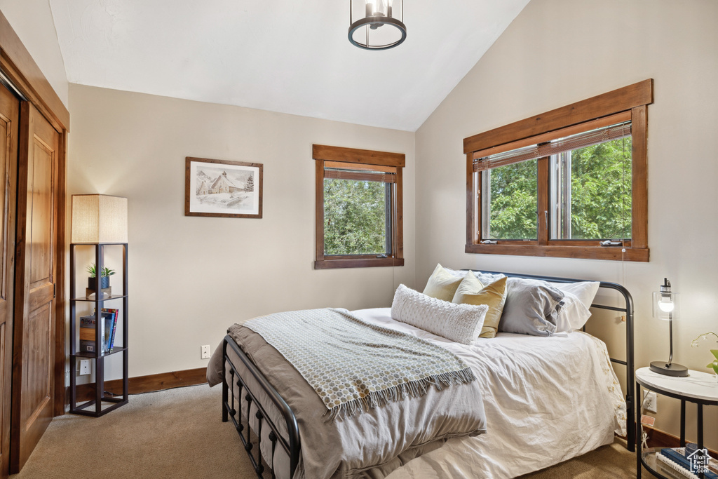 Carpeted bedroom featuring lofted ceiling, multiple windows, and a closet